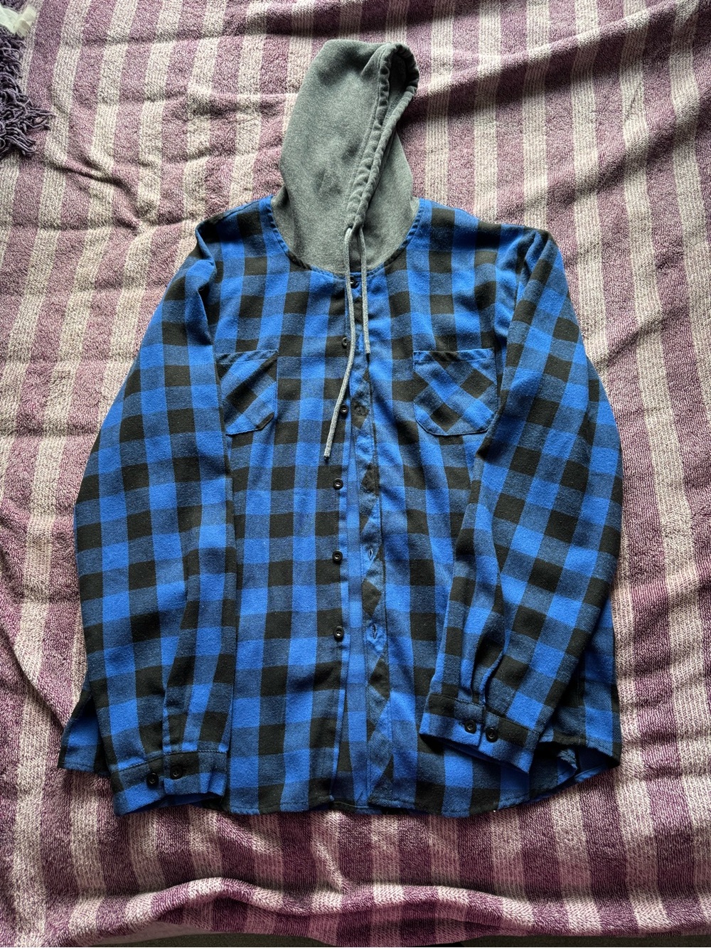 Blue and Black Plaid Hooded Flannel Shirt